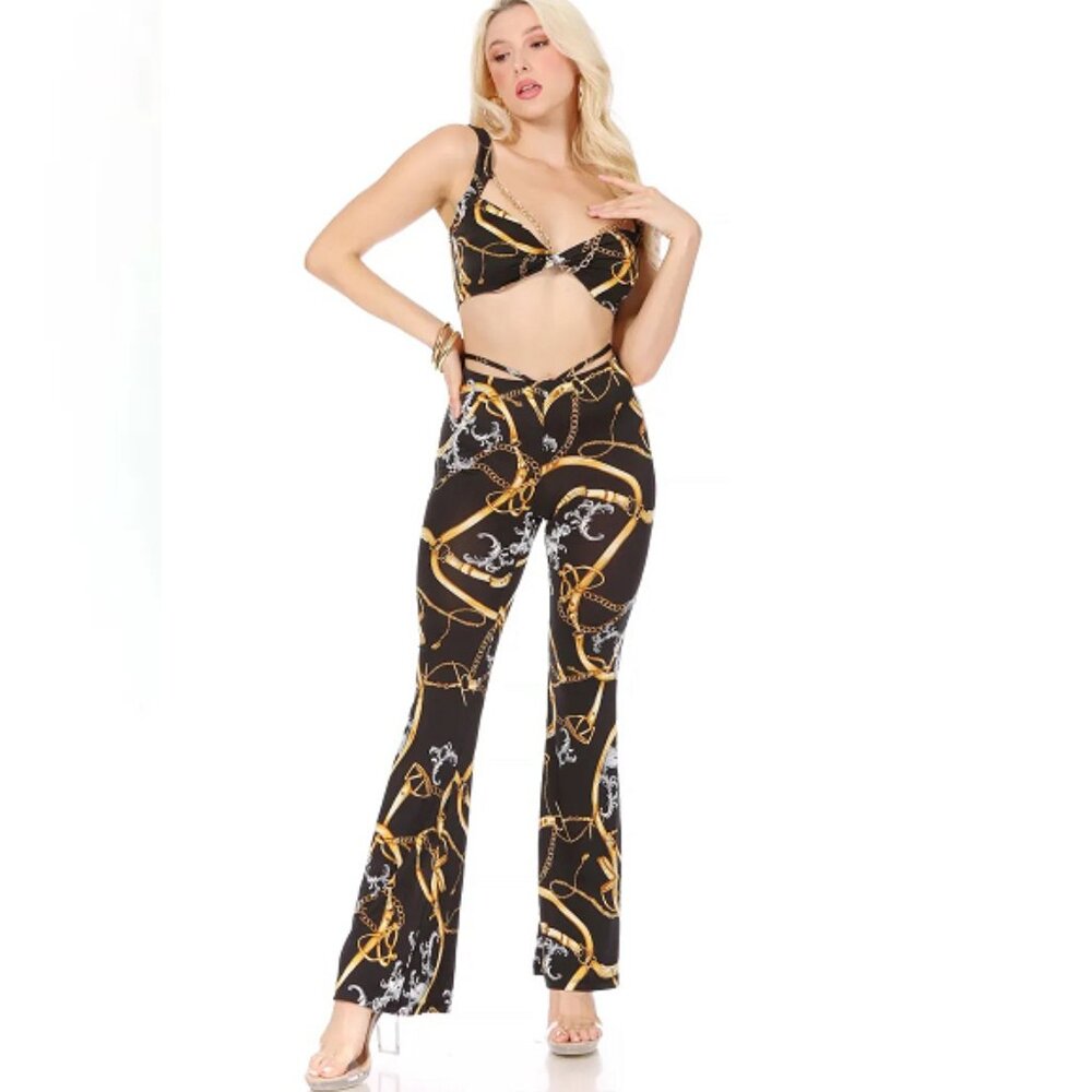 BLACK PRINTED CHAIN PANT 2 PC SET XS-XL